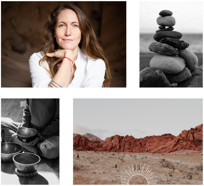 I am Jacinta, Somos Uno, four photos in a grid with Jacinta, cairn, singing bowls and a beautiful landscape shot with red mountains