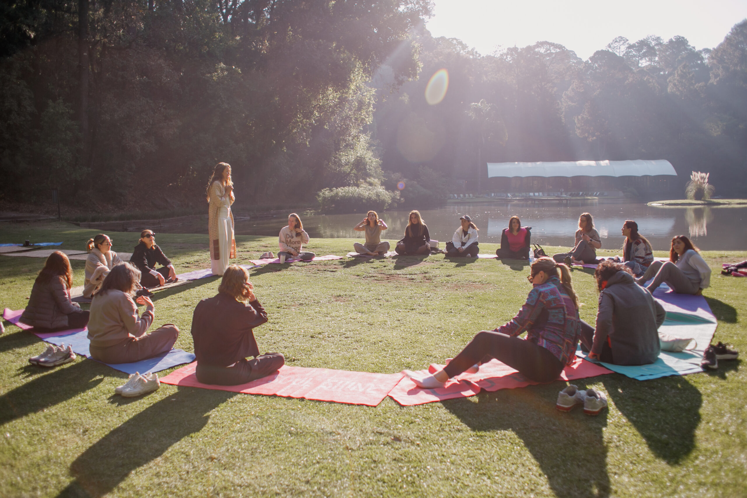 Outdoor retreat gathering, black and white